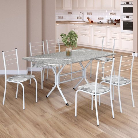 Conjunto Sala de Jantar Mesa Retangular 140x75cm Tampo Granito Topázio 6 Cadeiras Rio Branco/Paraopeba