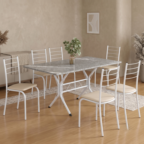 Conjunto Sala de Jantar Mesa Retangular 140x75cm Tampo Granito Topázio 6 Cadeiras Rio Branco/Creme