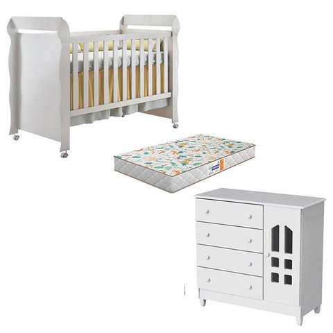 Berço Americano Mirelle e Cômoda Infantil Selena Branco Brilho com Colchão Gazin - Carolina
