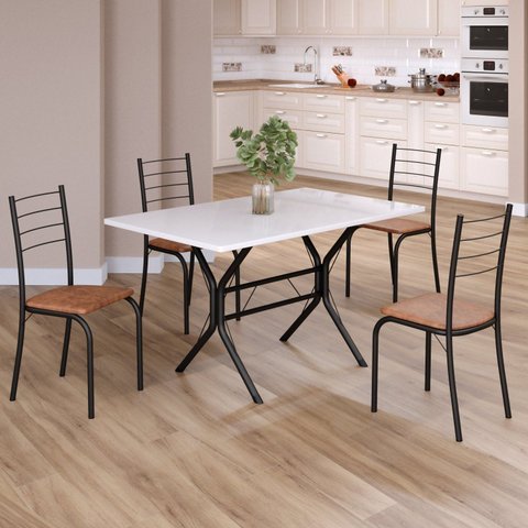 Conjunto Sala de Jantar Mesa Retangular 100x60cm Tampo Madeira MDP 4 Cadeiras Rio Preto/C. Marrom/Fosco