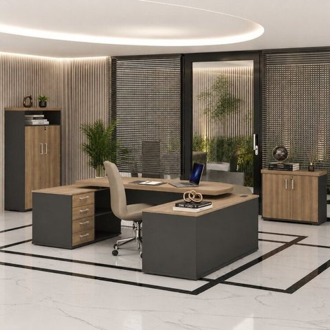Conjunto 3 Peças com Mesa para Escritório Presidente Marrom/Nogal/Preto Artany