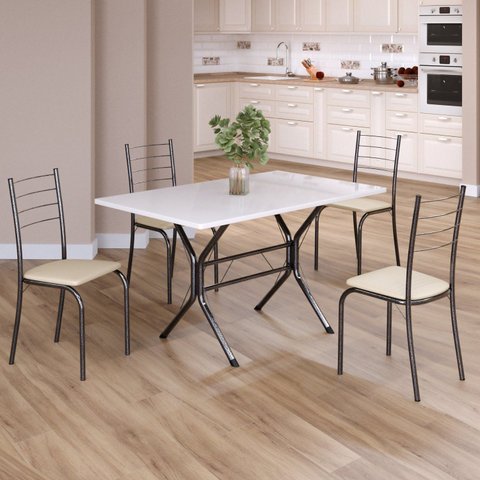 Conjunto Sala de Jantar Mesa Retangular 100x60cm Tampo Madeira MDP 4 Cadeiras Rio Prata/Creme/Mart