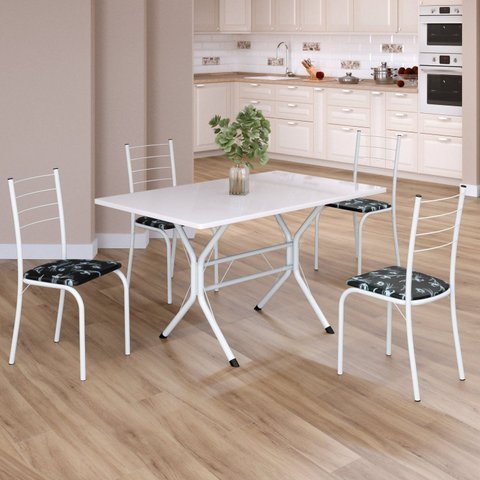 Conjunto Sala de Jantar Mesa Retangular 100x60cm Tampo Madeira MDP 4 Cadeiras Rio Branco/Preto Floral