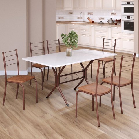 Conjunto Sala de Jantar Mesa Retangular 140x75cm Tampo Madeira MDP 6 Cadeiras Rio Marrom/C.