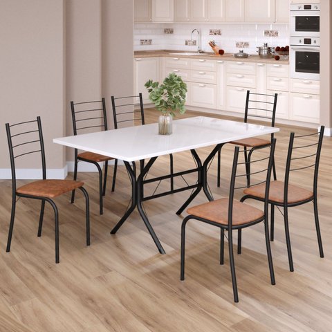 Conjunto Sala de Jantar Mesa Retangular 140x75cm Tampo Madeira MDP 6 Cadeiras Rio Preto/C. Marrom/Fosco
