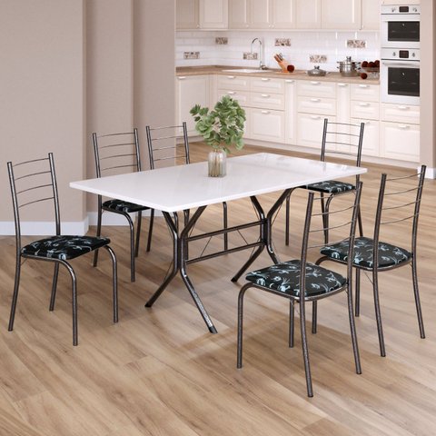 Conjunto Sala de Jantar Mesa Retangular 140x75cm Tampo Madeira MDP 6 Cadeiras Rio Prata/Preto Floral/Mart