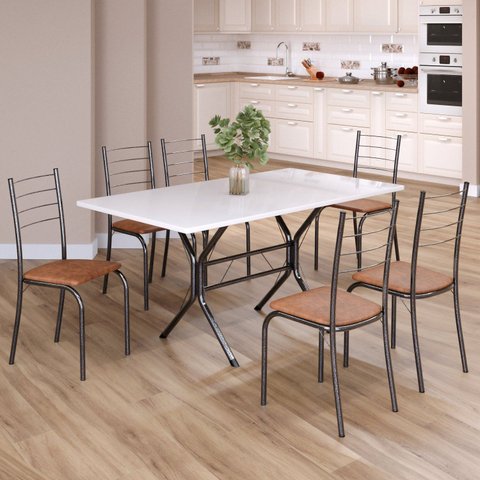 Conjunto Sala de Jantar Mesa Retangular 140x75cm Tampo Madeira MDP 6 Cadeiras Rio Prata/C. Marrom/Mart
