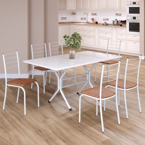 Conjunto Sala de Jantar Mesa Retangular 140x75cm Tampo Madeira MDP 6 Cadeiras Rio Branco/C. Marrom