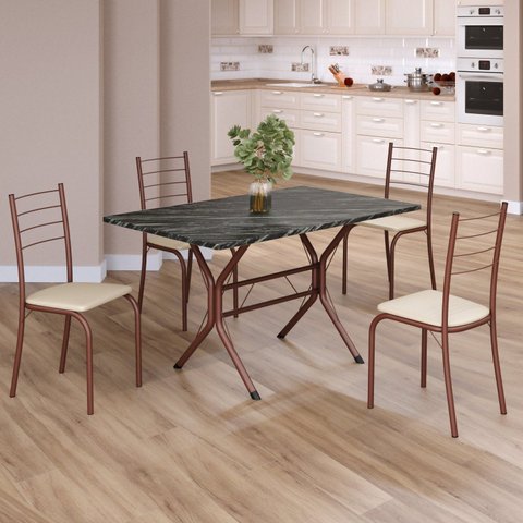 Conjunto Sala de Jantar Mesa Retangular 100x60cm Tampo Madeira MDP Ardósia Indiana 4 Cadeiras Rio Marrom/Creme