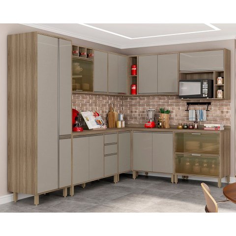 Cozinha Completa Modulada 10 Peças com Armário e Balcão Vidro Reflecta Mel Luciane Móveis