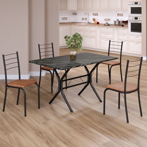 Conjunto Sala de Jantar Mesa Retangular 100x60cm Tampo Madeira MDP Ardósia Indiana 4 Cadeiras Rio Preto/C. Marrom/Fosco