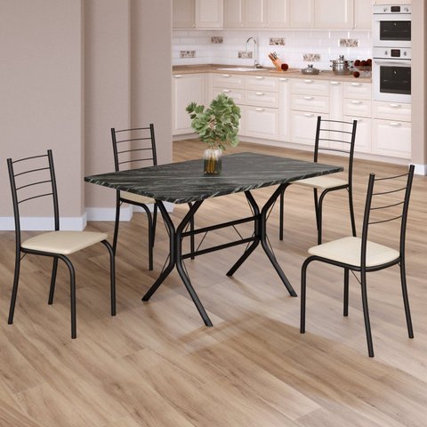 Conjunto Sala de Jantar Mesa Retangular 100x60cm Tampo Madeira MDP Ardósia Indiana 4 Cadeiras Rio Preto/Creme/Fosco