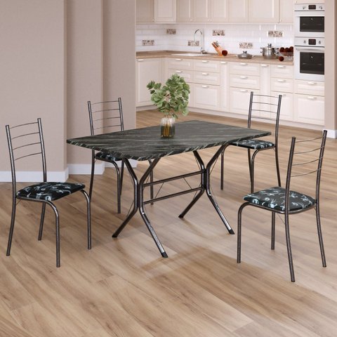 Conjunto Sala de Jantar Mesa Retangular 100x60cm Tampo Madeira MDP Ardósia Indiana 4 Cadeiras Rio Prata/Preto Floral/Mart