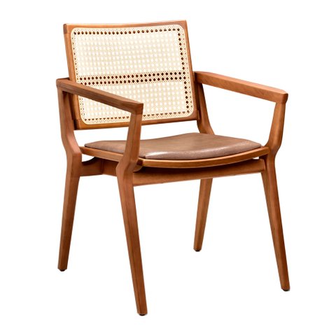 Cadeira para Mesa de Jantar Katy 59cm Madeira Maciça com Braço | Courino Marrom Claro - Sallar Home