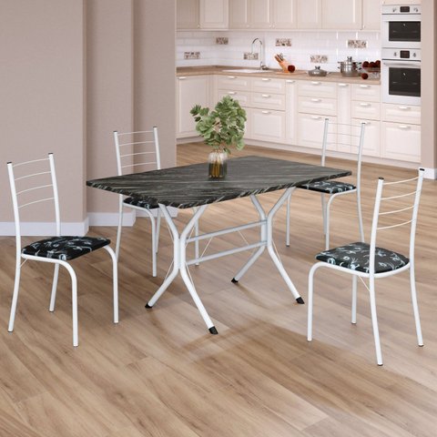 Conjunto Sala de Jantar Mesa Retangular 100x60cm Tampo Madeira MDP Ardósia Indiana 4 Cadeiras Rio Branco/Preto Floral