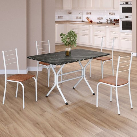 Conjunto Sala de Jantar Mesa Retangular 100x60cm Tampo Madeira MDP Ardósia Indiana 4 Cadeiras Rio Branco/C. Marrom