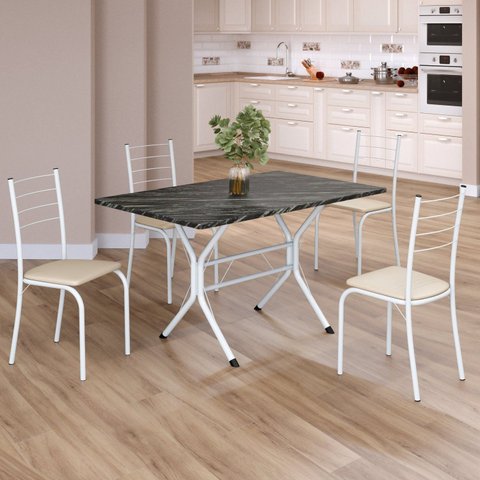 Conjunto Sala de Jantar Mesa Retangular 100x60cm Tampo Madeira MDP Ardósia Indiana 4 Cadeiras Rio Branco/Creme
