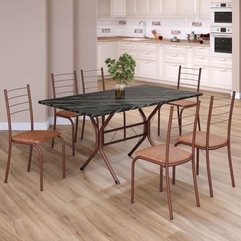 Conjunto Sala de Jantar Mesa Retangular 140x75cm Tampo Madeira MDP Indiana 6 Cadeiras Rio Marrom/C.
