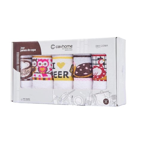 Pano de Copa Cavhome Estampado 5 Peças 100% Algodão 50x70cm