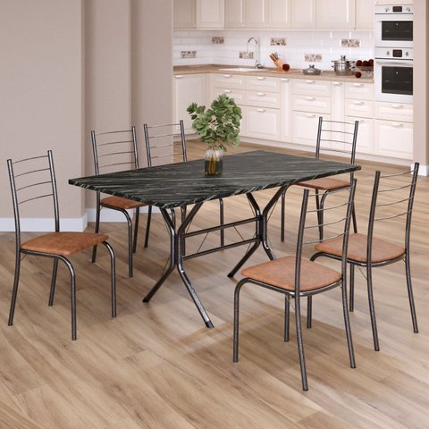 Conjunto Sala de Jantar Mesa Retangular 140x75cm Tampo Madeira MDP Indiana 6 Cadeiras Rio Prata/C. Marrom/Mart