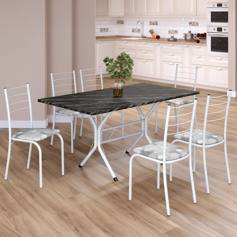Conjunto Sala de Jantar Mesa Retangular 140x75cm Tampo Madeira MDP Indiana 6 Cadeiras Rio Branco/Paraopeba