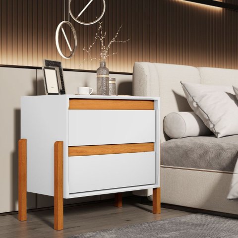 Mesa de Cabeceira Verona com 2 Gavetas e Pés em Madeira Design Moderno para Quarto - Branco/nature