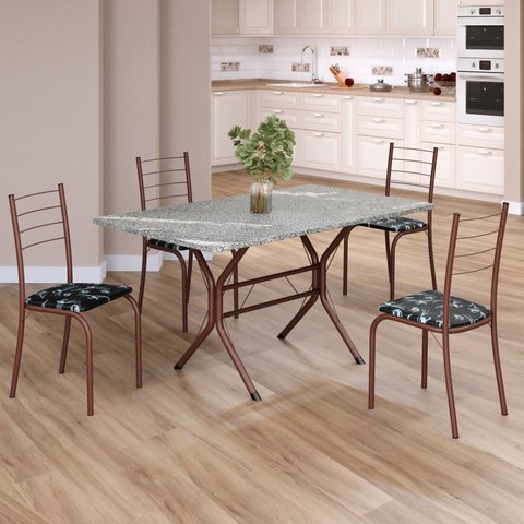 Conjunto Sala de Jantar Mesa Retangular 120x75cm Tampo Granito Topázio 4 Cadeiras Rio Marrom/Preto Floral