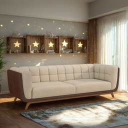 Sofá 3 Lugares 240cm com Pés em Madeira Linha Premium Compose em Bouclê Off-white e Corino Marrom - 1