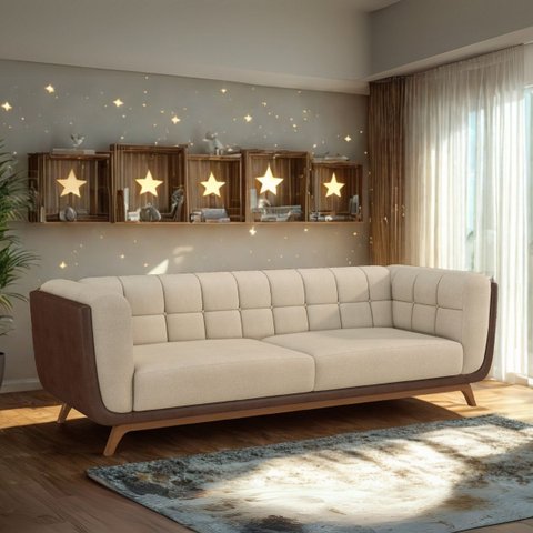 Sofá 3 Lugares 240cm com Pés em Madeira Linha Premium Compose em Bouclê Off-white e Corino Marrom