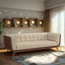 Ver imagem 1 de Sofá 3 Lugares 240cm com Pés em Madeira Linha Premium Compose em Bouclê Off-white e Corino Marrom