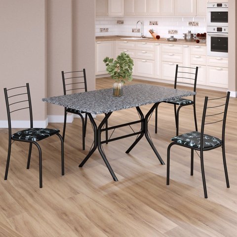 Conjunto Sala de Jantar Mesa Retangular 120x75cm Tampo Granito Ocre 4 Cadeiras Rio Preto/Floral/Fosco