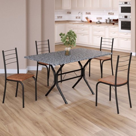 Conjunto Sala de Jantar Mesa Retangular 120x75cm Tampo Granito Ocre 4 Cadeiras Rio Preto/C. Marrom/Fosco