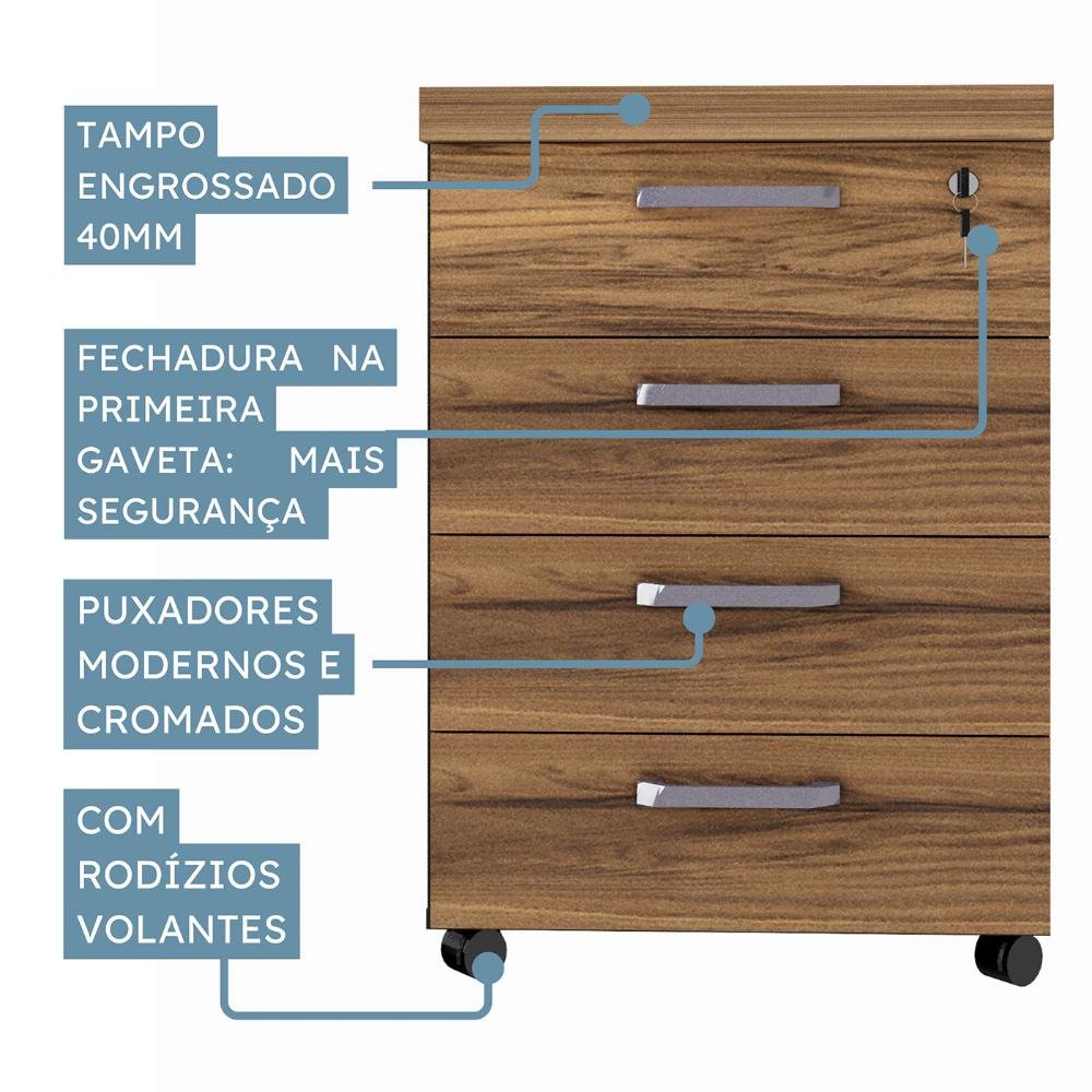 Gaveteiro P/ Escritório 4 Gavetas com Puxadores Nogal Pr F5 Cor:nogal com Preto - 5