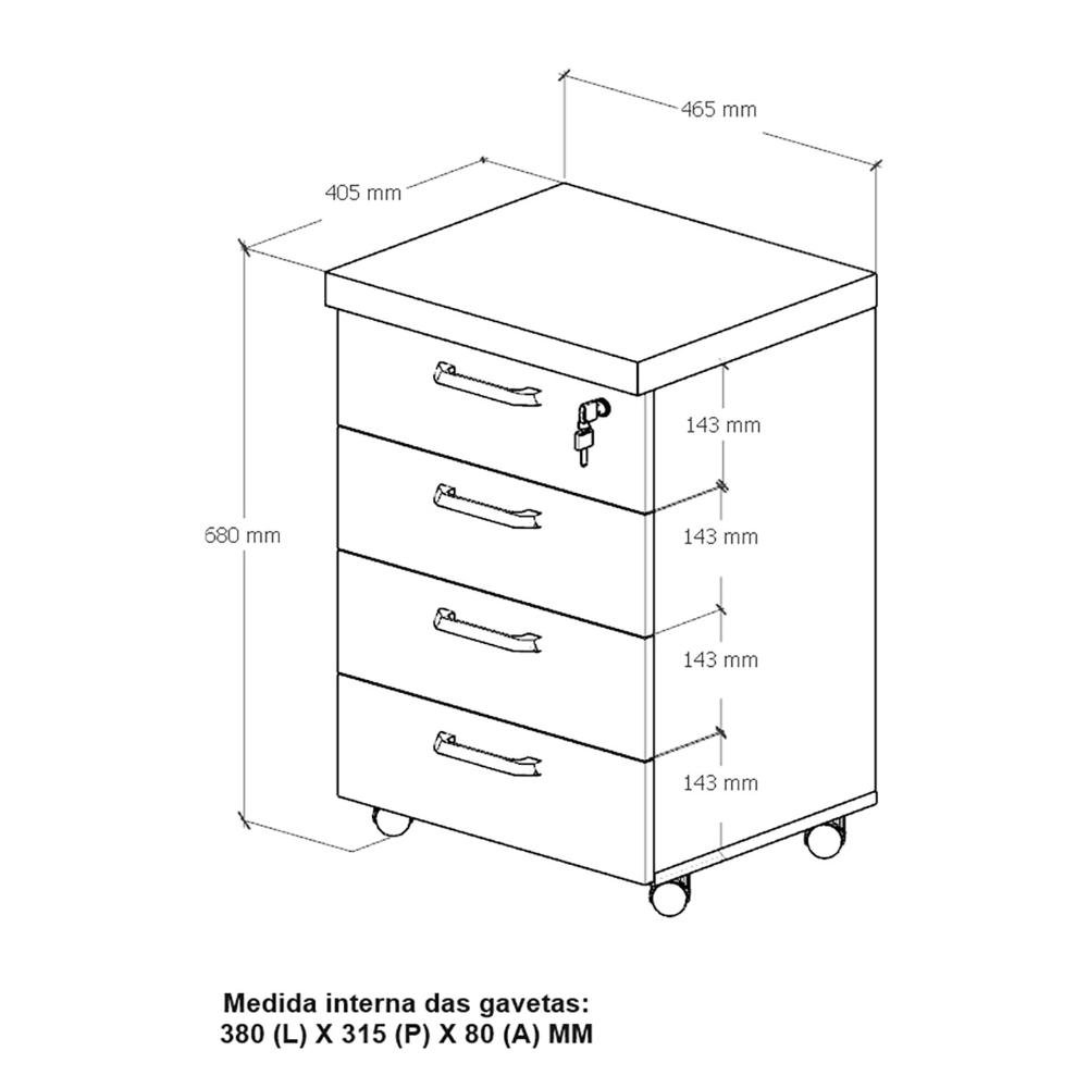 Gaveteiro P/ Escritório 4 Gavetas com Puxadores Nogal Pr F5 Cor:nogal com Preto - 2