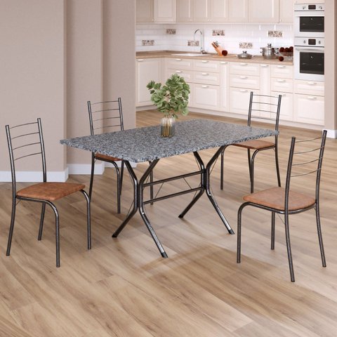 Conjunto Sala de Jantar Mesa Retangular 120x75cm Tampo Granito Ocre 4 Cadeiras Rio Prata/C. Marrom/Mart