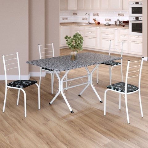 Conjunto Sala de Jantar Mesa Retangular 120x75cm Tampo Granito Ocre 4 Cadeiras Rio Branco/Preto Floral
