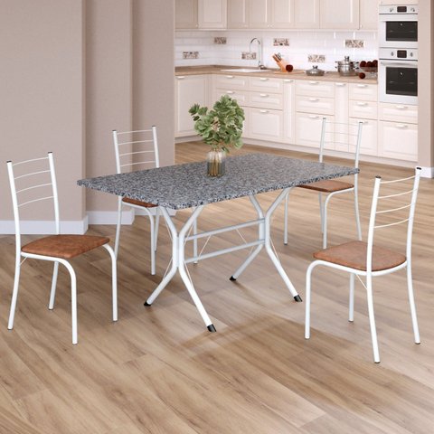 Conjunto Sala de Jantar Mesa Retangular 120x75cm Tampo Granito Ocre 4 Cadeiras Rio Branco/C. Marrom