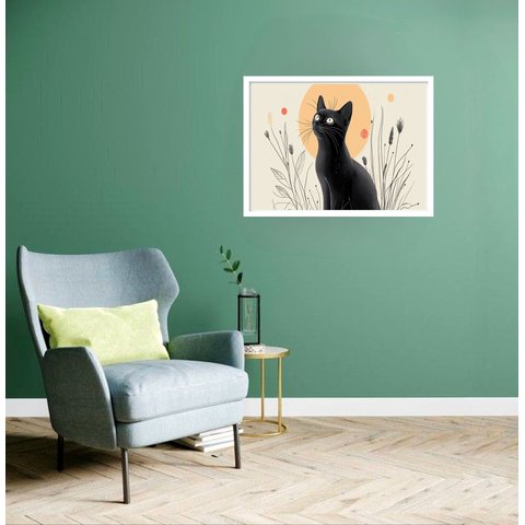 Quadro Decorativo Gato Preto Sol Flores - 50x70cm:moldura Preta