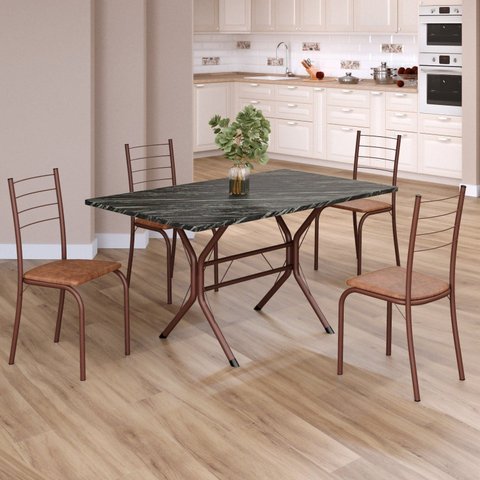 Conjunto Sala de Jantar Mesa Retangular 120x75cm Tampo Ardósia Indiana 4 Cadeiras Rio Marrom/C.