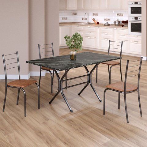Conjunto Sala de Jantar Mesa Retangular 120x75cm Tampo Ardósia Indiana 4 Cadeiras Rio Prata/C. Marrom/Mart
