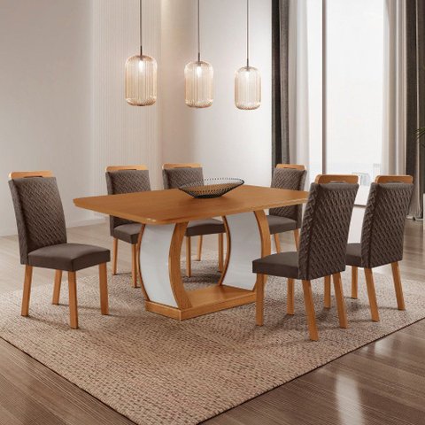 Mesa de Jantar Milena 180 cm Tampo MDF Laminado Canto Copo com 6 Cadeiras Aline