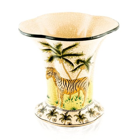 Vaso Decorativo Cerâmica Craquelada Zebra Coqueiros Borda Ondulada 23cm Columbus Gold