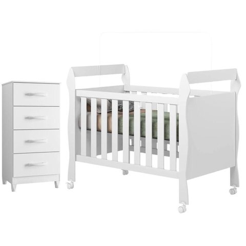 Berço Americano Mini Cama Soninho com Cômoda Mobi 4 Gavetas Branco Flex - Móveis Albatroz