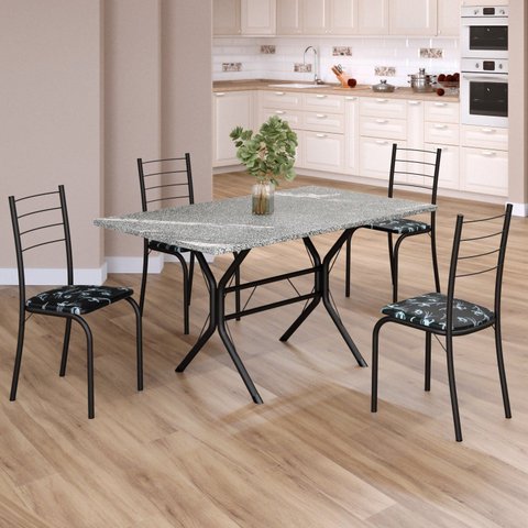 Conjunto Sala de Jantar Mesa Retangular 120x75cm Tampo Granito Topázio 4 Cadeiras Rio Preto/Floral/Fosco