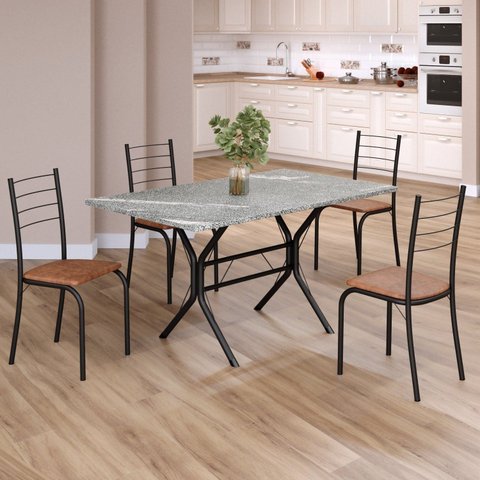 Conjunto Sala de Jantar Mesa Retangular 120x75cm Tampo Granito Topázio 4 Cadeiras Rio Preto/C. Marrom/Fosco