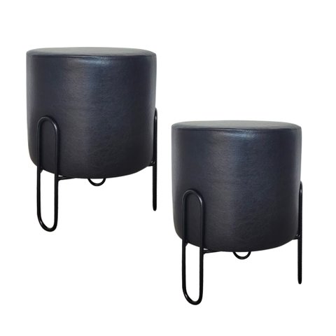 Kit 2 Puff Banqueta Redondo Ferro Couro Sintético Sala Quart:preto