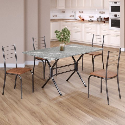 Conjunto Sala de Jantar Mesa Retangular 120x75cm Tampo Granito Topázio 4 Cadeiras Rio Prata/C. Marrom/Mart