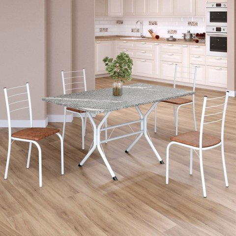 Conjunto Sala de Jantar Mesa Retangular 120x75cm Tampo Granito Topázio 4 Cadeiras Rio Branco/C. Marrom