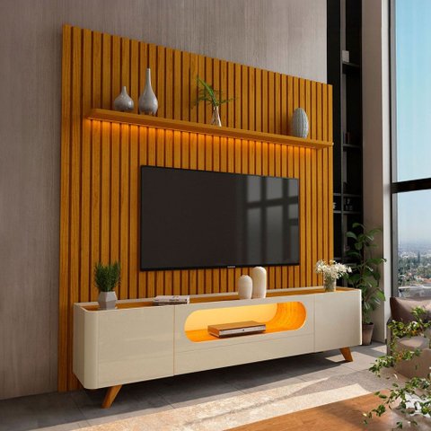 Rack com Painel para TV até 85 Polegadas Sole 2 Portas Ripado 100% MDF com LED Naturale/Off White - 