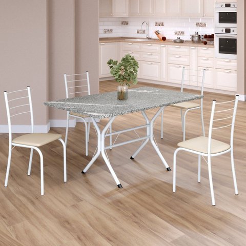 Conjunto Sala de Jantar Mesa Retangular 120x75cm Tampo Granito Topázio 4 Cadeiras Rio Branco/Creme